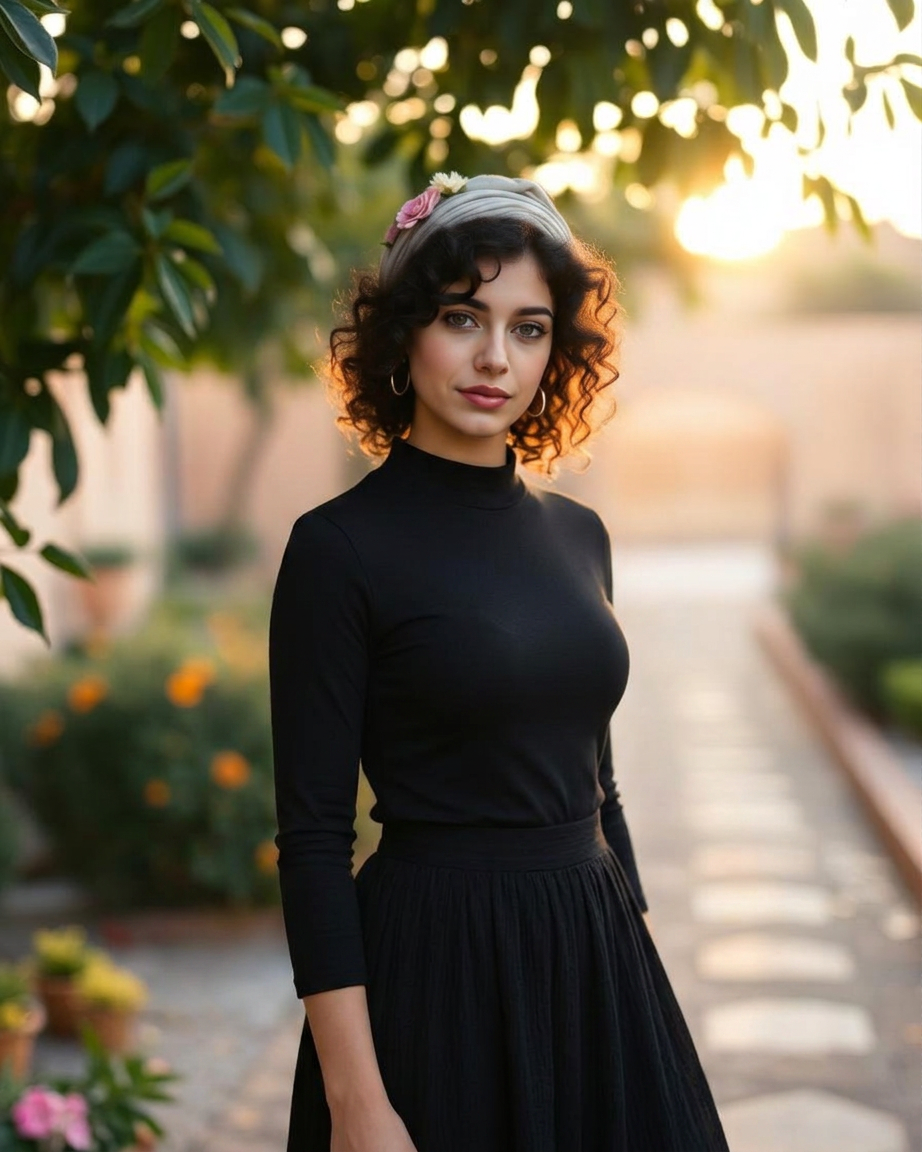 Rivka in a Mediterranean garden at sunset