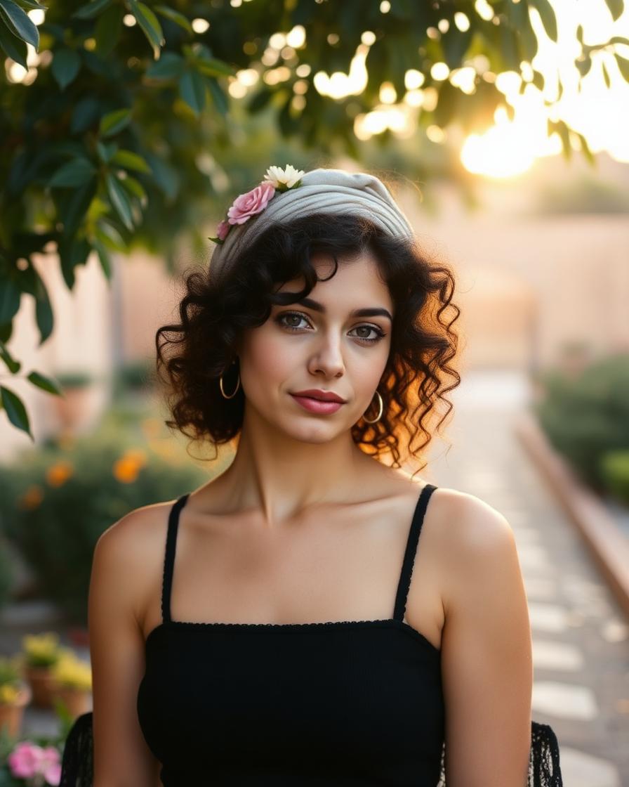 Rivka in a Mediterranean garden at sunset